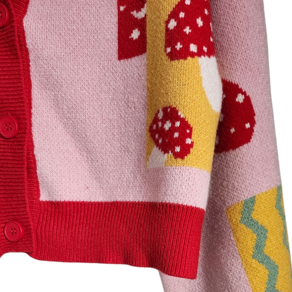 Cider Pink Red Multicolor Mushroom Patchwork Cardigan - Picture 6 of 6